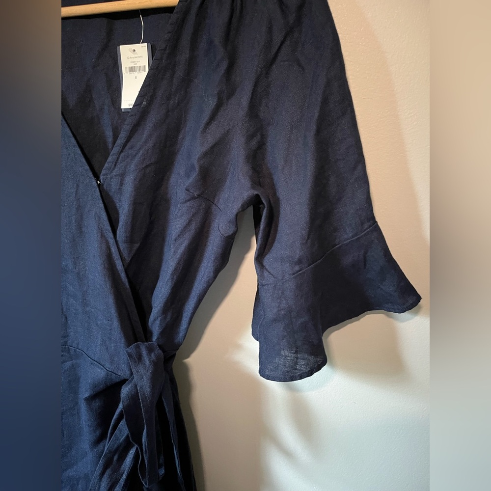 GAP Blue 100% Linen, Ruffled Flutter Sleeve Wrap Sundress Mini - Picture 3 of 6